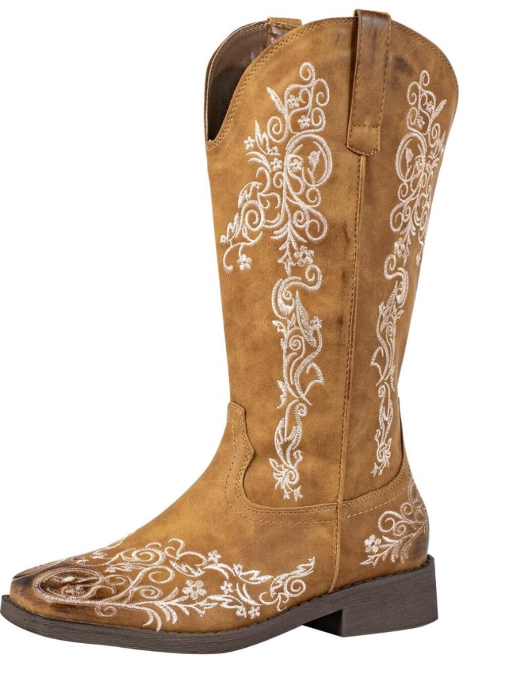 Women's Square Toe Cowboy Boots Floral Embroidered Cowgirl Western Boots Wide